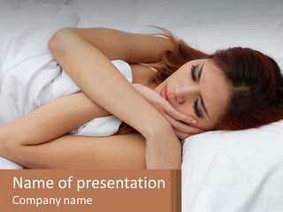A Woman Laying In Bed With Her Head On Her Pillow PowerPoint Template