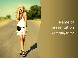 A Woman In A White Dress Is Walking Down The Road PowerPoint Template