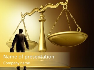 A Man Standing In Front Of A Scale Of Justice PowerPoint Template