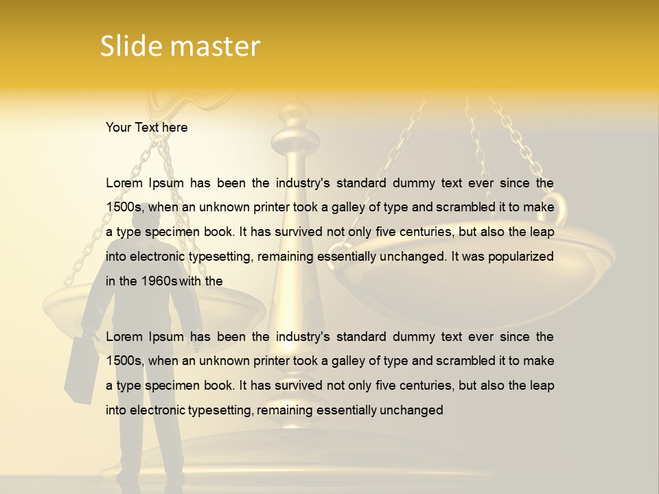 A Man Standing In Front Of A Scale Of Justice PowerPoint Template