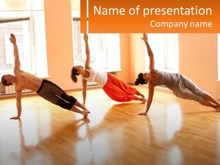 A Group Of People Doing Yoga Poses In A Room PowerPoint Template