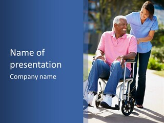 A Woman Pushing A Man In A Wheel Chair PowerPoint Template
