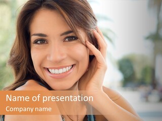 A Woman Smiling With Her Hand On Her Head PowerPoint Template