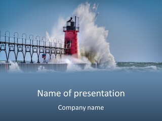 A Red Light House In The Ocean With Waves Crashing Over It PowerPoint Template