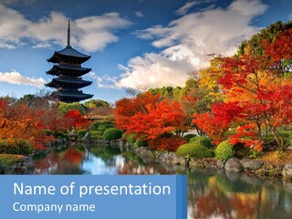 A Pagoda In The Middle Of A Pond Surrounded By Trees PowerPoint Template