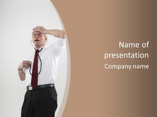 A Man In A Tie Is Holding His Head With His Hands PowerPoint Template