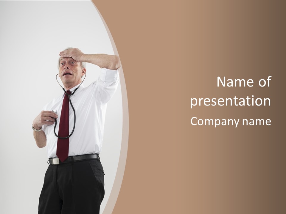 A Man In A Tie Is Holding His Head With His Hands PowerPoint Template