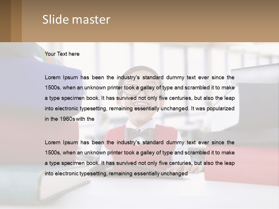 A Young Boy Sitting At A Table With A Pile Of Books PowerPoint Template