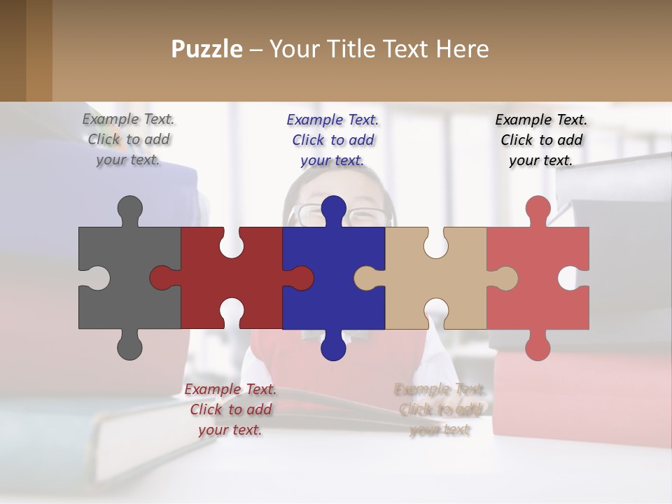 A Young Boy Sitting At A Table With A Pile Of Books PowerPoint Template