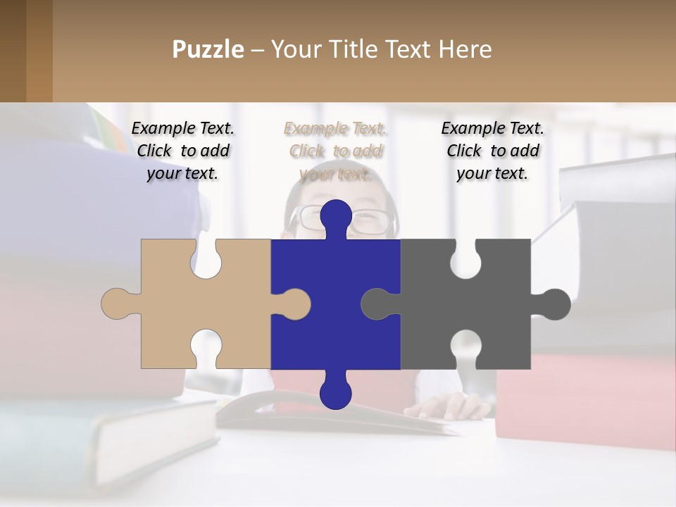 A Young Boy Sitting At A Table With A Pile Of Books PowerPoint Template