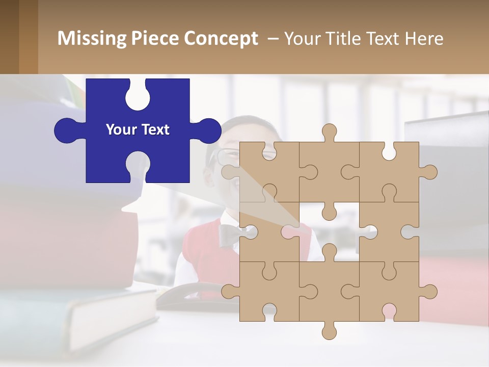 A Young Boy Sitting At A Table With A Pile Of Books PowerPoint Template