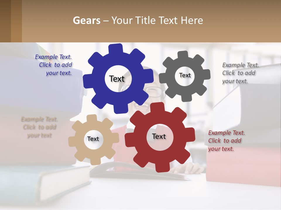 A Young Boy Sitting At A Table With A Pile Of Books PowerPoint Template