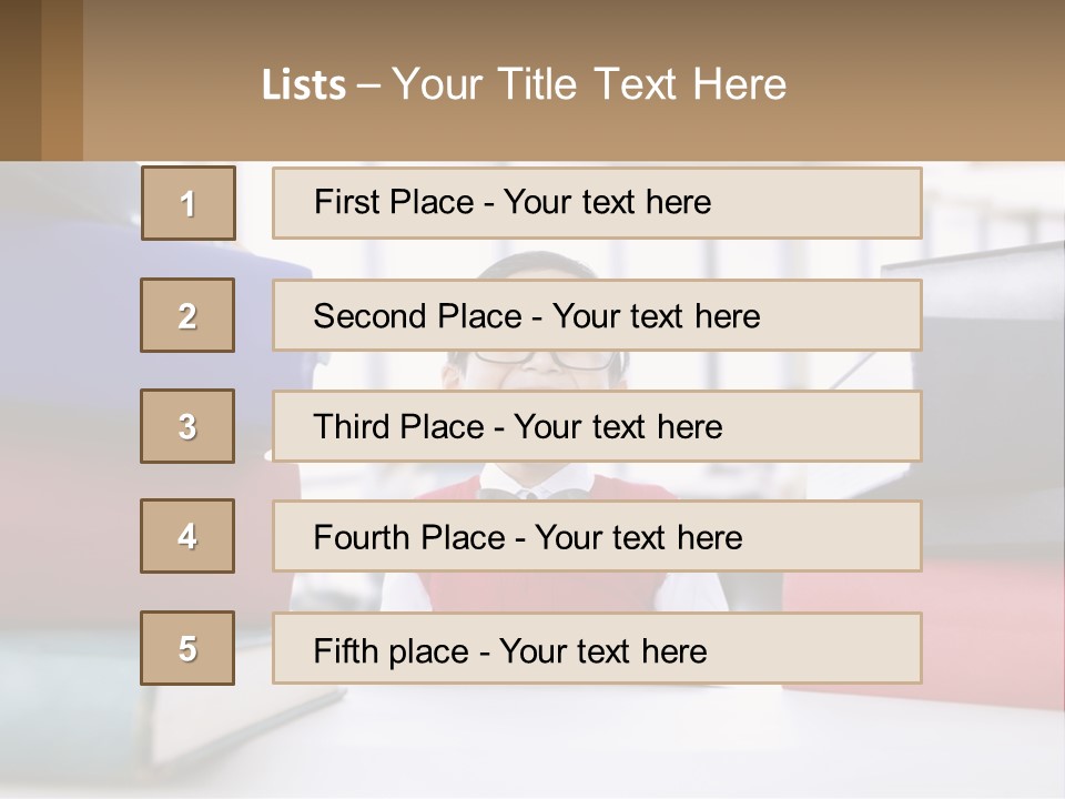 A Young Boy Sitting At A Table With A Pile Of Books PowerPoint Template