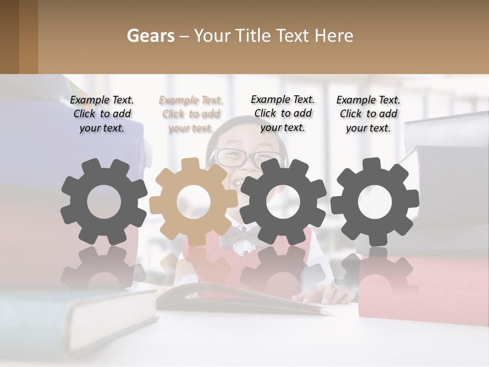 A Young Boy Sitting At A Table With A Pile Of Books PowerPoint Template