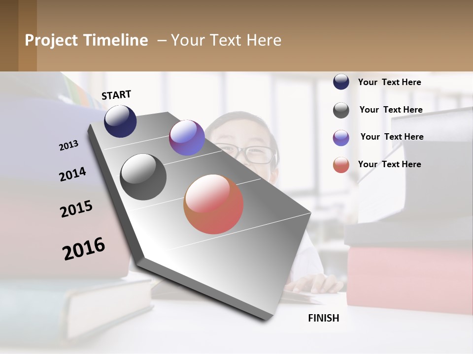 A Young Boy Sitting At A Table With A Pile Of Books PowerPoint Template