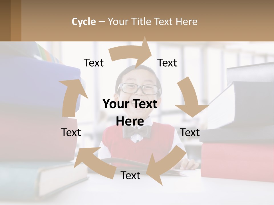 A Young Boy Sitting At A Table With A Pile Of Books PowerPoint Template