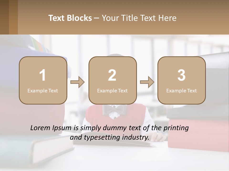A Young Boy Sitting At A Table With A Pile Of Books PowerPoint Template