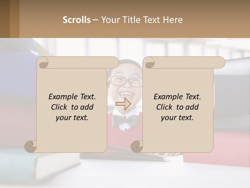 A Young Boy Sitting At A Table With A Pile Of Books PowerPoint Template