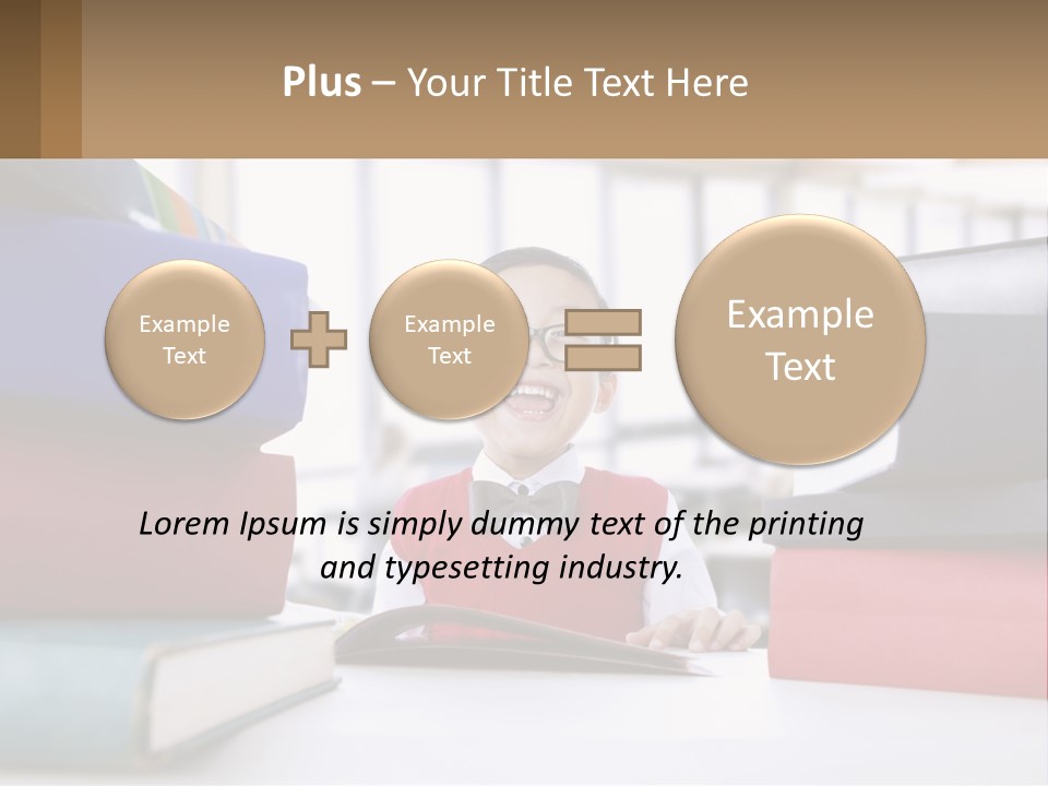 A Young Boy Sitting At A Table With A Pile Of Books PowerPoint Template