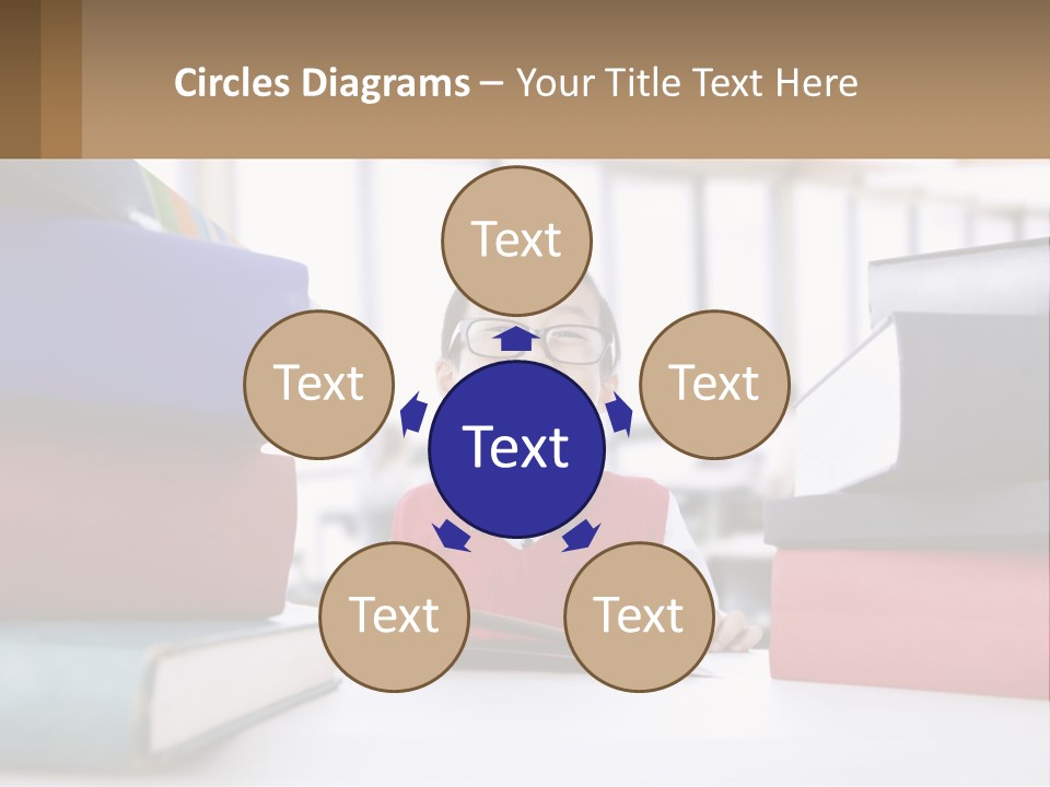 A Young Boy Sitting At A Table With A Pile Of Books PowerPoint Template