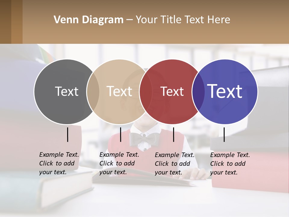 A Young Boy Sitting At A Table With A Pile Of Books PowerPoint Template