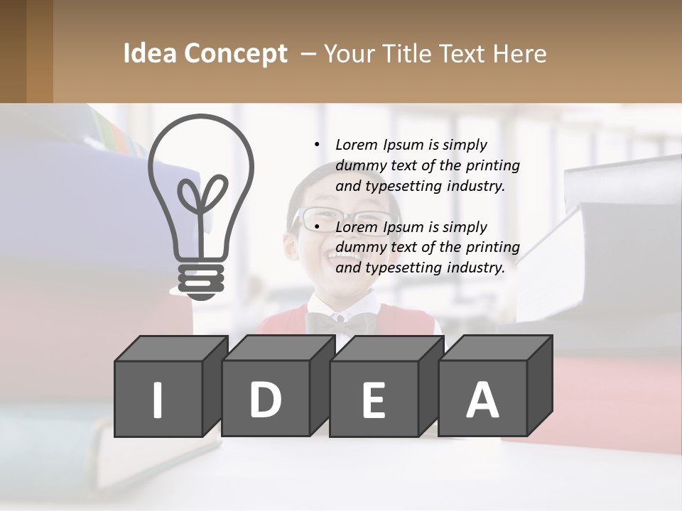 A Young Boy Sitting At A Table With A Pile Of Books PowerPoint Template