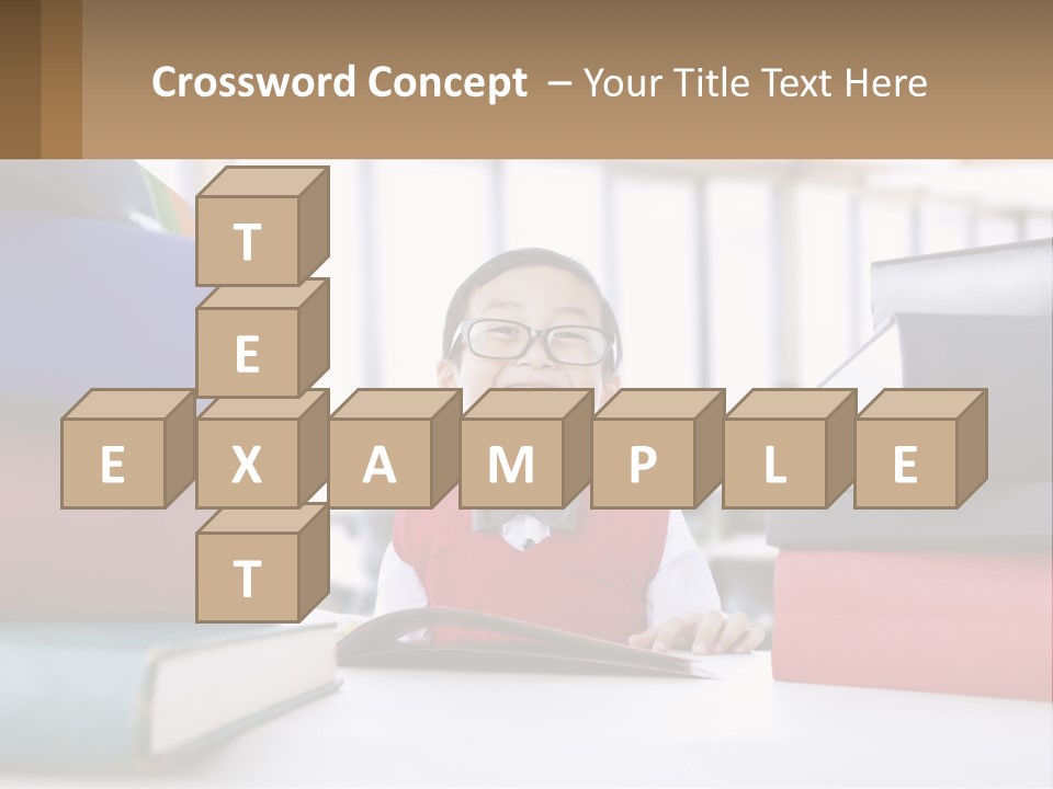 A Young Boy Sitting At A Table With A Pile Of Books PowerPoint Template