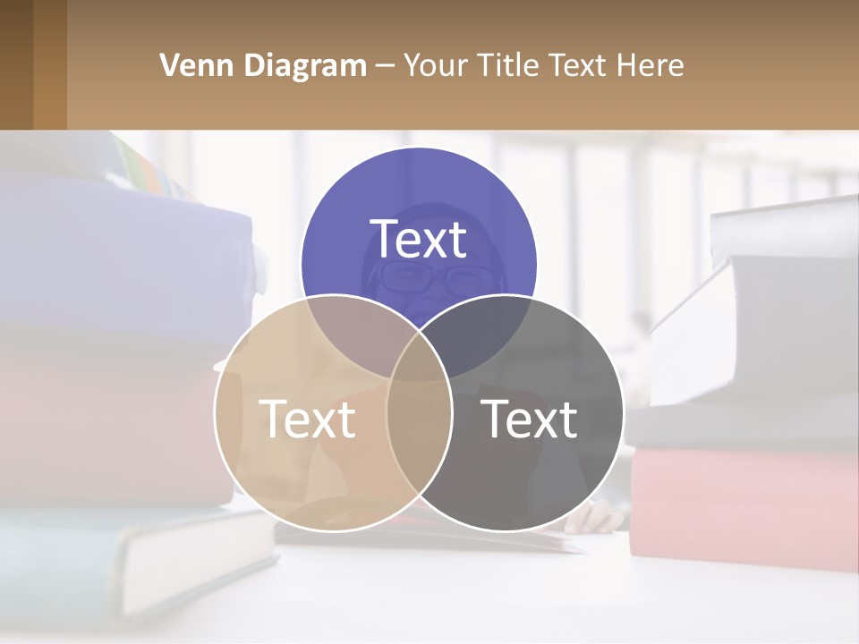 A Young Boy Sitting At A Table With A Pile Of Books PowerPoint Template