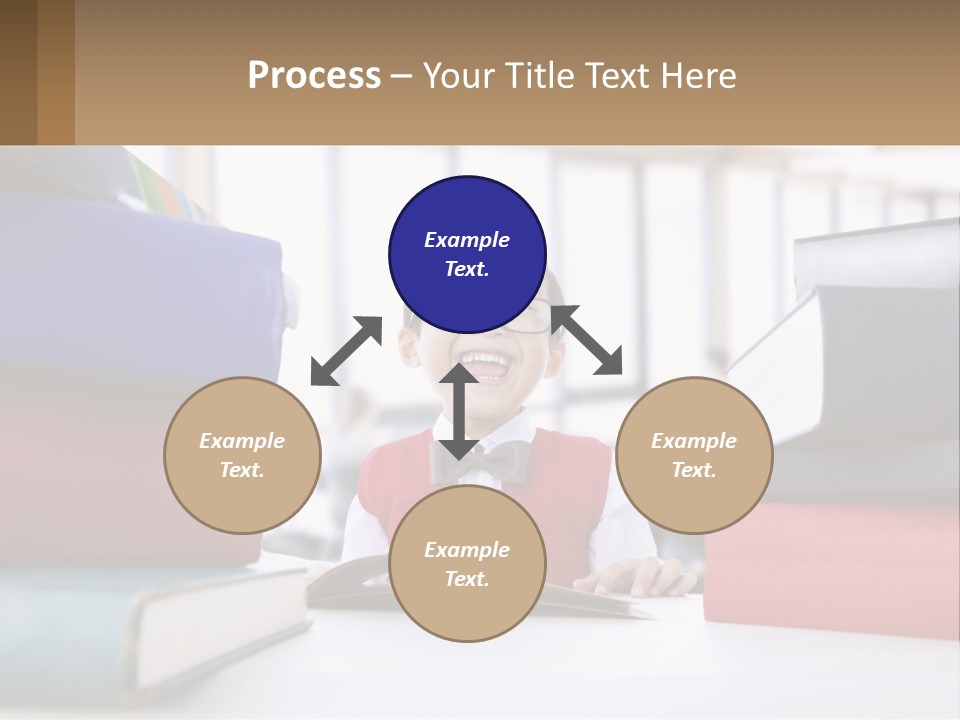 A Young Boy Sitting At A Table With A Pile Of Books PowerPoint Template