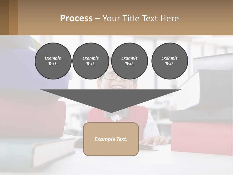 A Young Boy Sitting At A Table With A Pile Of Books PowerPoint Template
