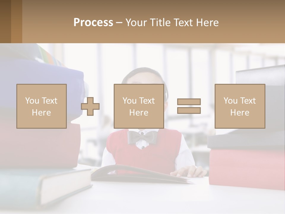 A Young Boy Sitting At A Table With A Pile Of Books PowerPoint Template
