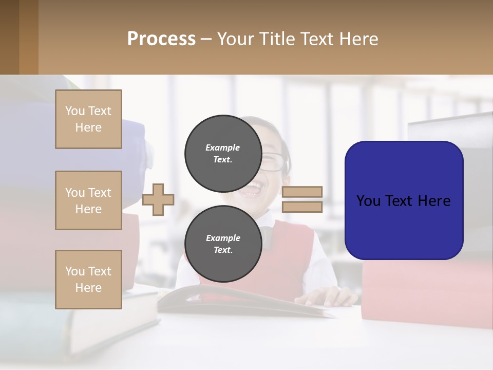 A Young Boy Sitting At A Table With A Pile Of Books PowerPoint Template