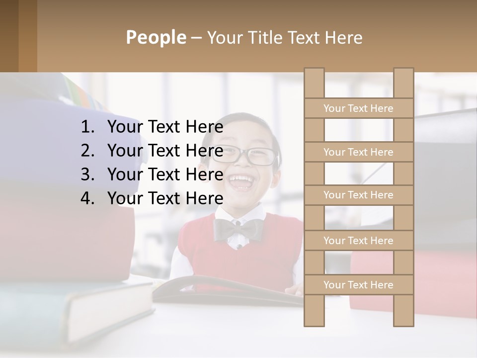 A Young Boy Sitting At A Table With A Pile Of Books PowerPoint Template