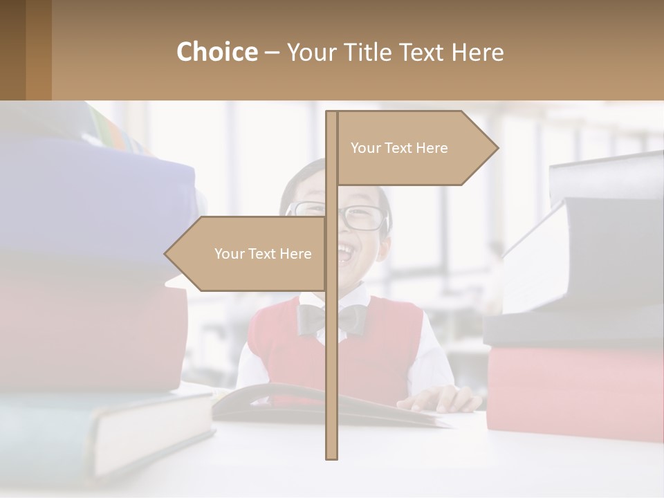 A Young Boy Sitting At A Table With A Pile Of Books PowerPoint Template