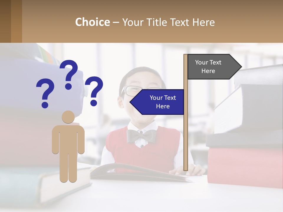 A Young Boy Sitting At A Table With A Pile Of Books PowerPoint Template