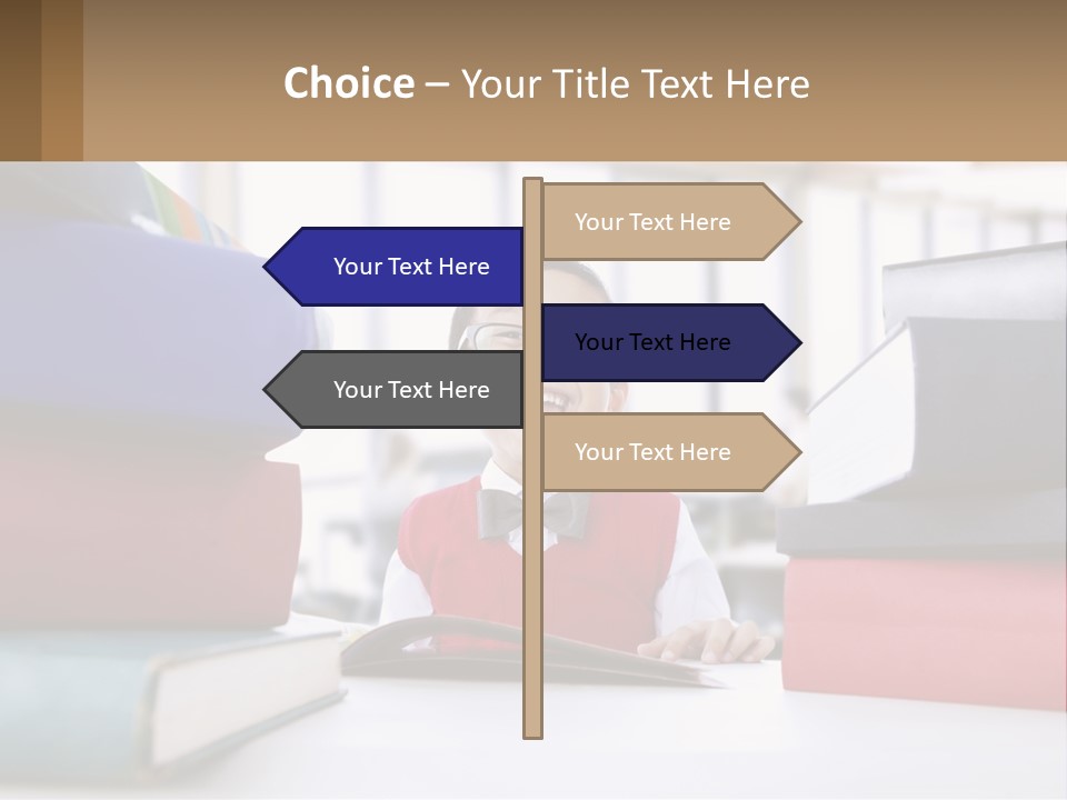 A Young Boy Sitting At A Table With A Pile Of Books PowerPoint Template