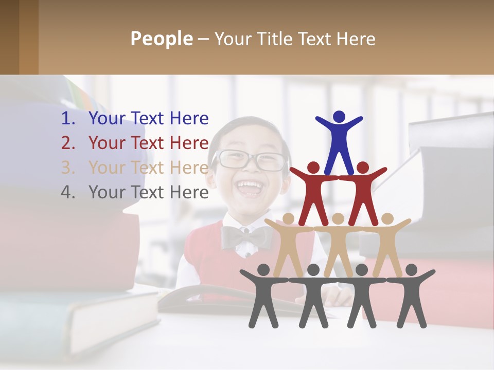 A Young Boy Sitting At A Table With A Pile Of Books PowerPoint Template