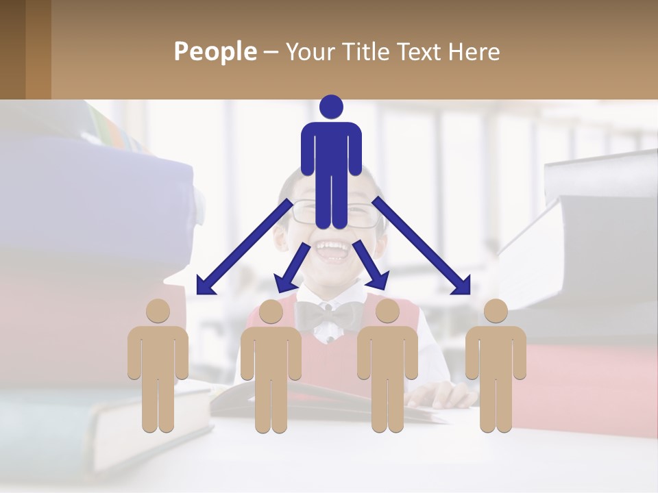 A Young Boy Sitting At A Table With A Pile Of Books PowerPoint Template