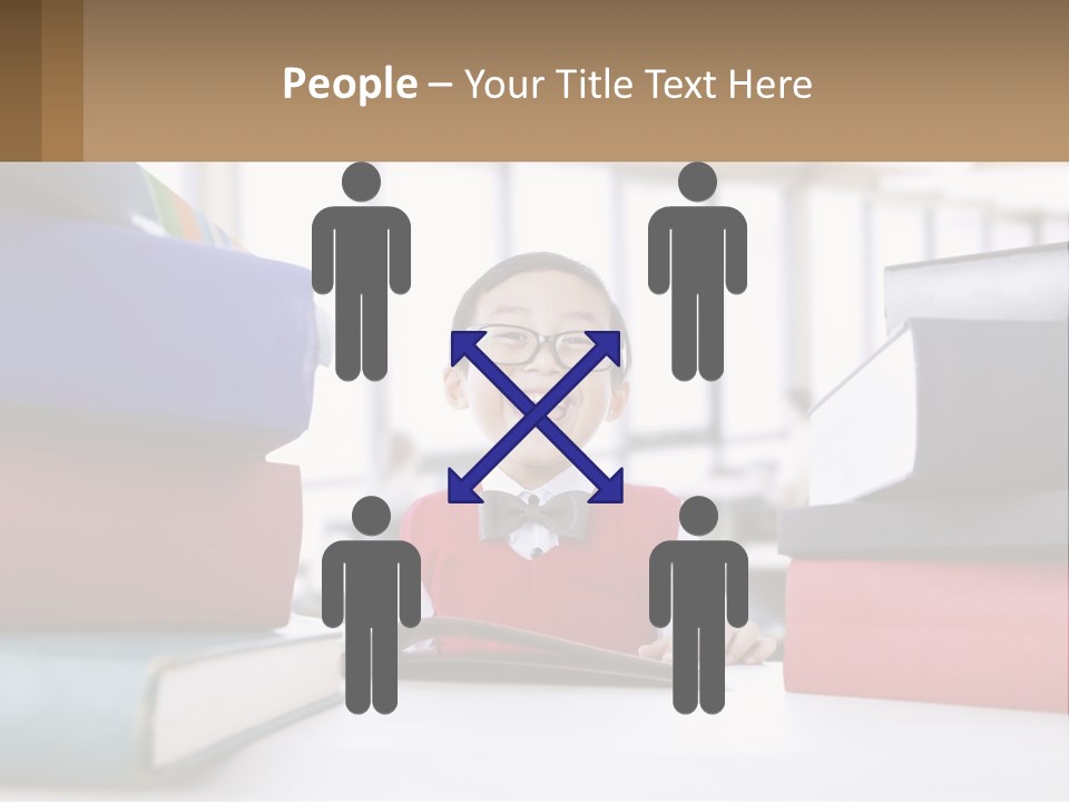 A Young Boy Sitting At A Table With A Pile Of Books PowerPoint Template