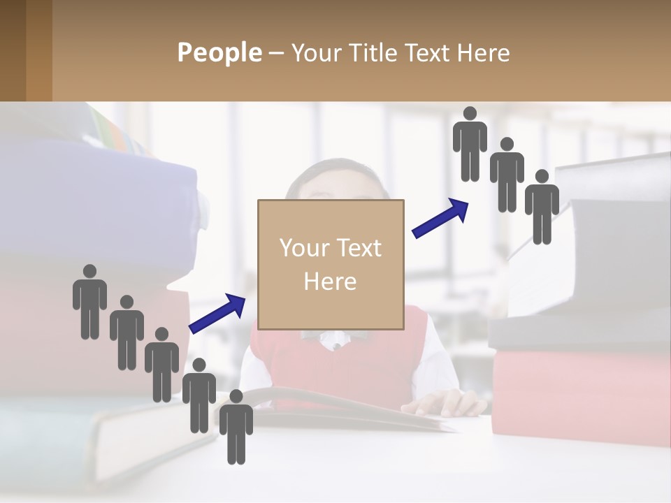 A Young Boy Sitting At A Table With A Pile Of Books PowerPoint Template