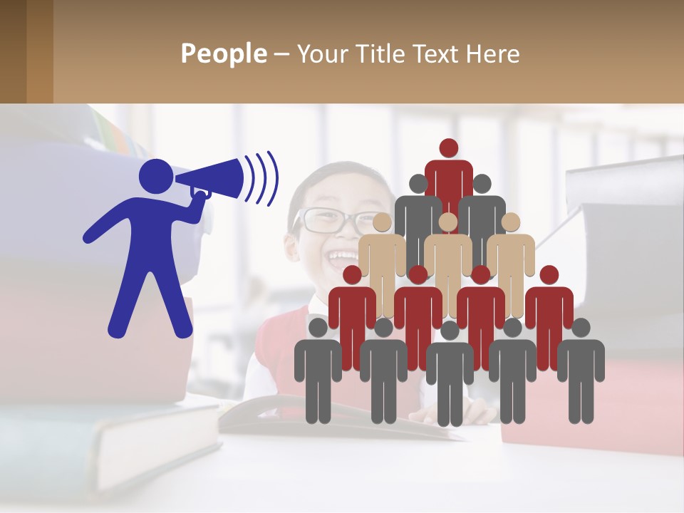 A Young Boy Sitting At A Table With A Pile Of Books PowerPoint Template