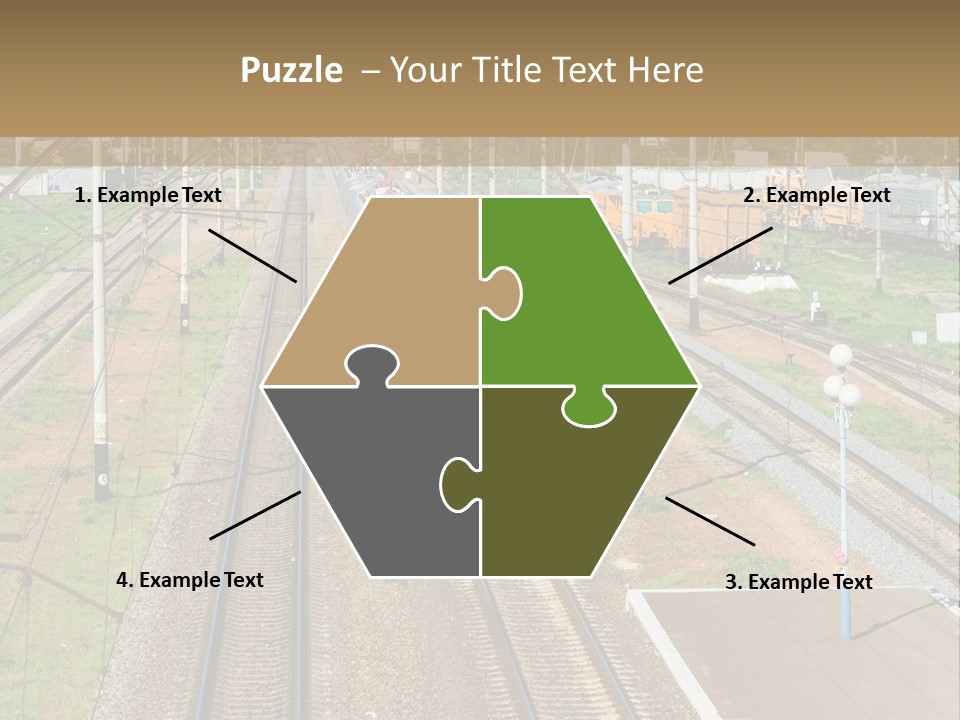 A Train Traveling Down Train Tracks Next To A Field PowerPoint Template