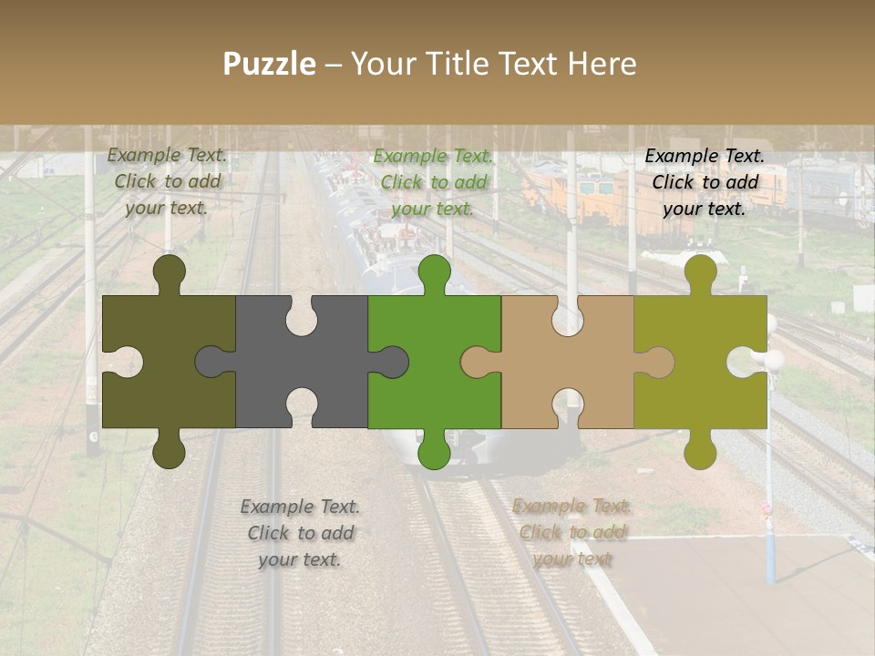 A Train Traveling Down Train Tracks Next To A Field PowerPoint Template