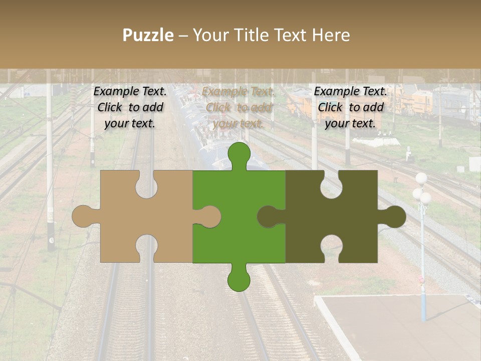 A Train Traveling Down Train Tracks Next To A Field PowerPoint Template
