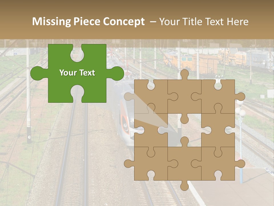 A Train Traveling Down Train Tracks Next To A Field PowerPoint Template