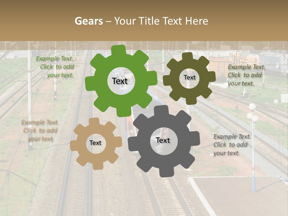 A Train Traveling Down Train Tracks Next To A Field PowerPoint Template