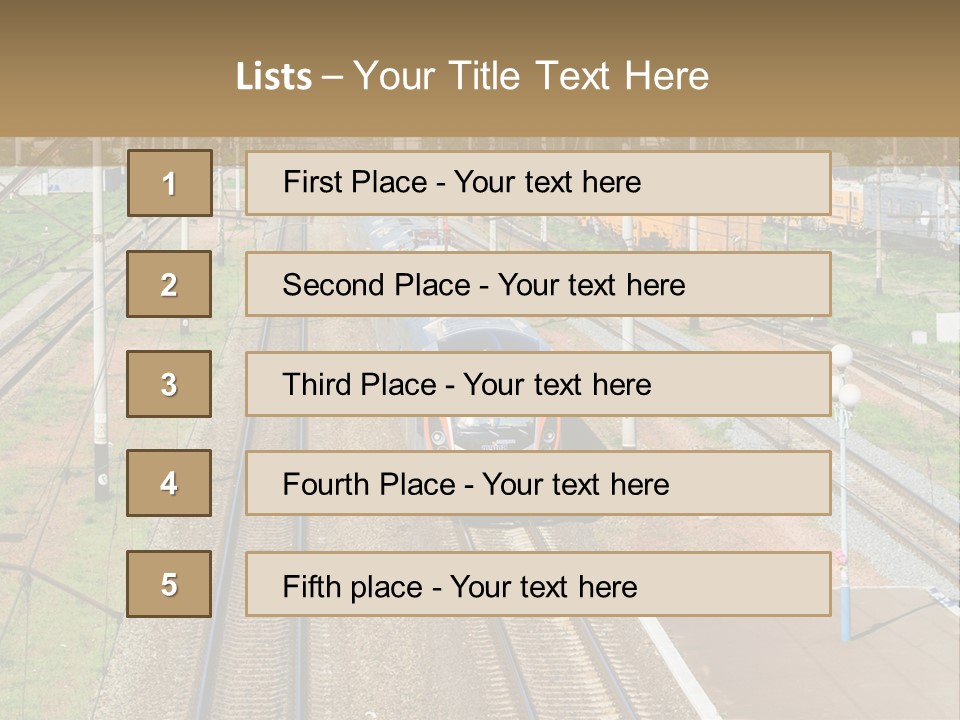 A Train Traveling Down Train Tracks Next To A Field PowerPoint Template