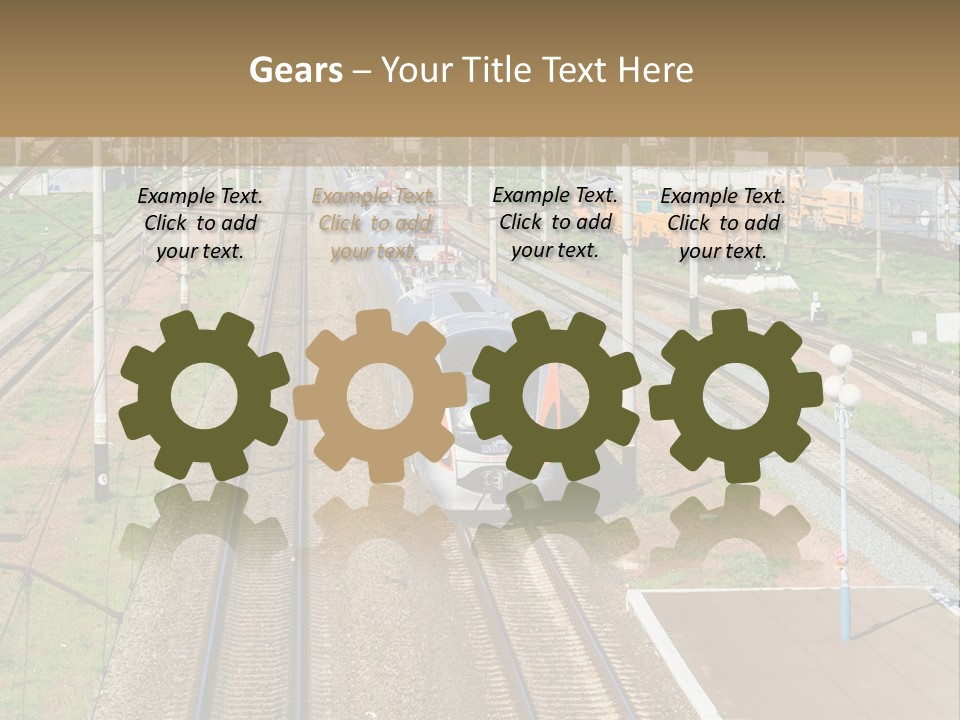 A Train Traveling Down Train Tracks Next To A Field PowerPoint Template