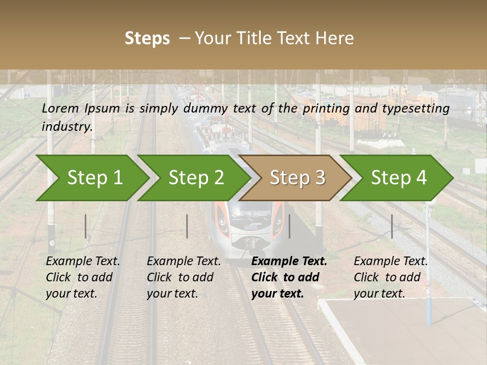 A Train Traveling Down Train Tracks Next To A Field PowerPoint Template