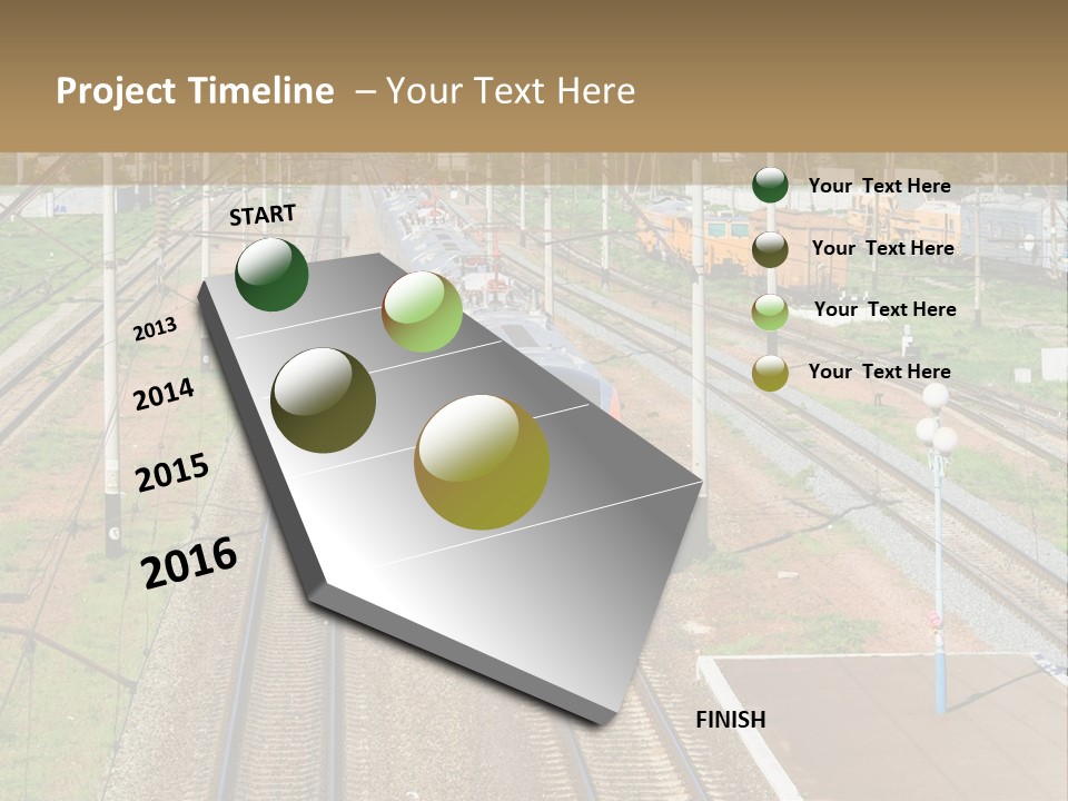 A Train Traveling Down Train Tracks Next To A Field PowerPoint Template